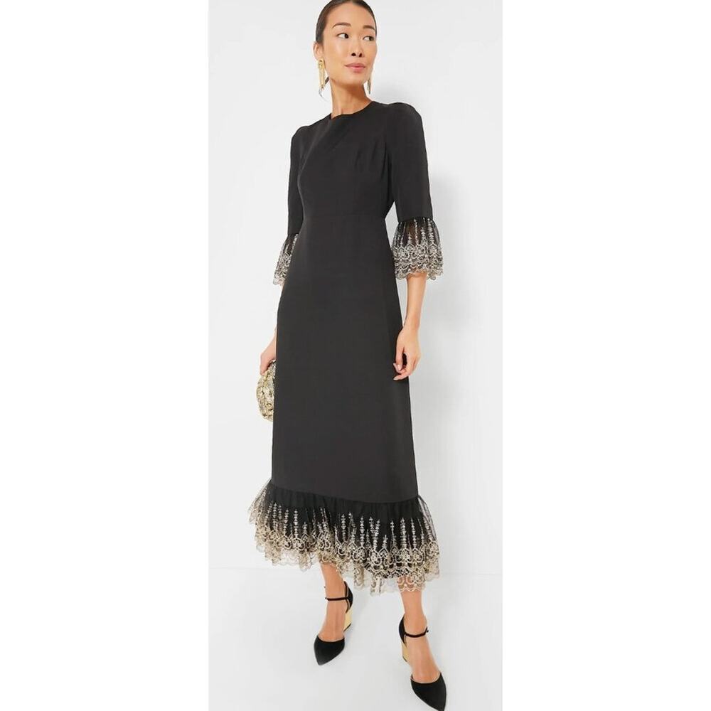 Tuckernuck Pomander Place Lillith Black Gold Lace Ruffle Midi Dress Vintage